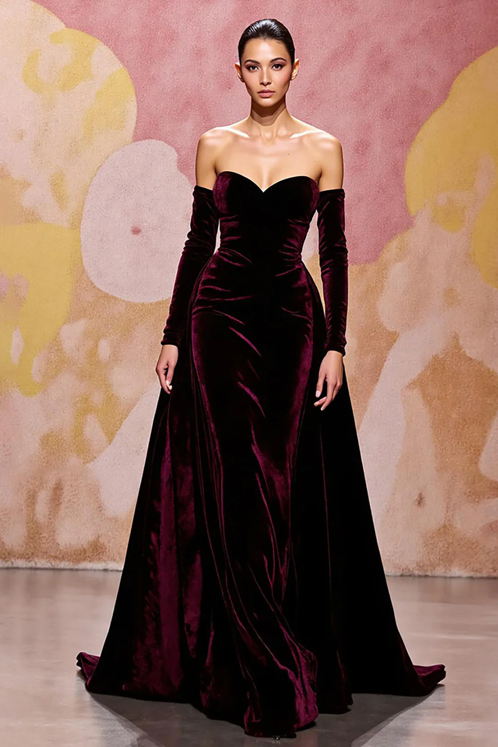Dark Red Sweetheart A Line Long Velvet Dress with Long Sleeves - Image 3