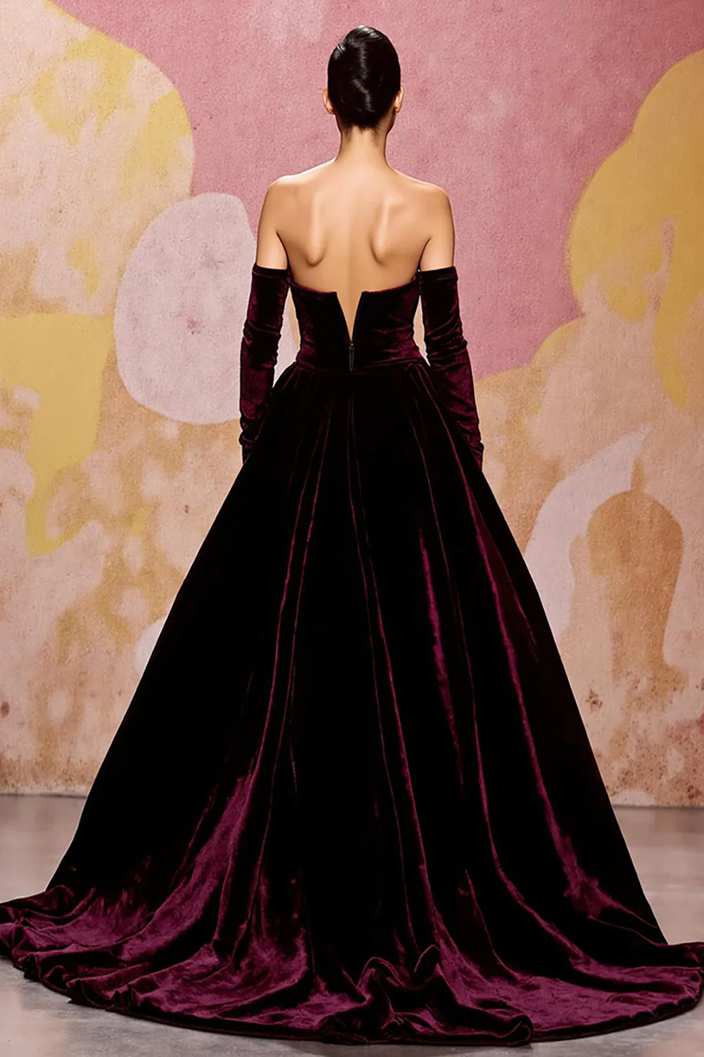 Dark Red Sweetheart A Line Long Velvet Dress with Long Sleeves - Image 4