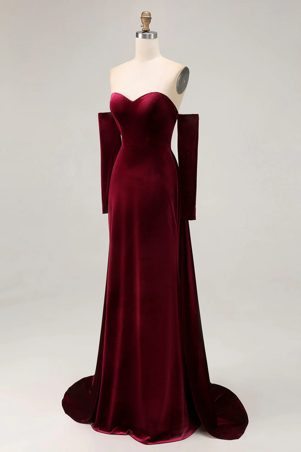 Dark Red Sweetheart A Line Long Velvet Dress with Long Sleeves - Image 5