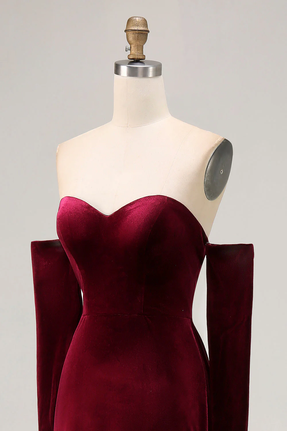 Dark Red Sweetheart A Line Long Velvet Dress with Long Sleeves - Image 7