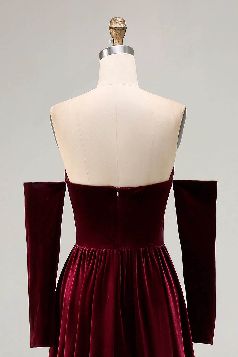 Dark Red Sweetheart A Line Long Velvet Dress with Long Sleeves - Image 8