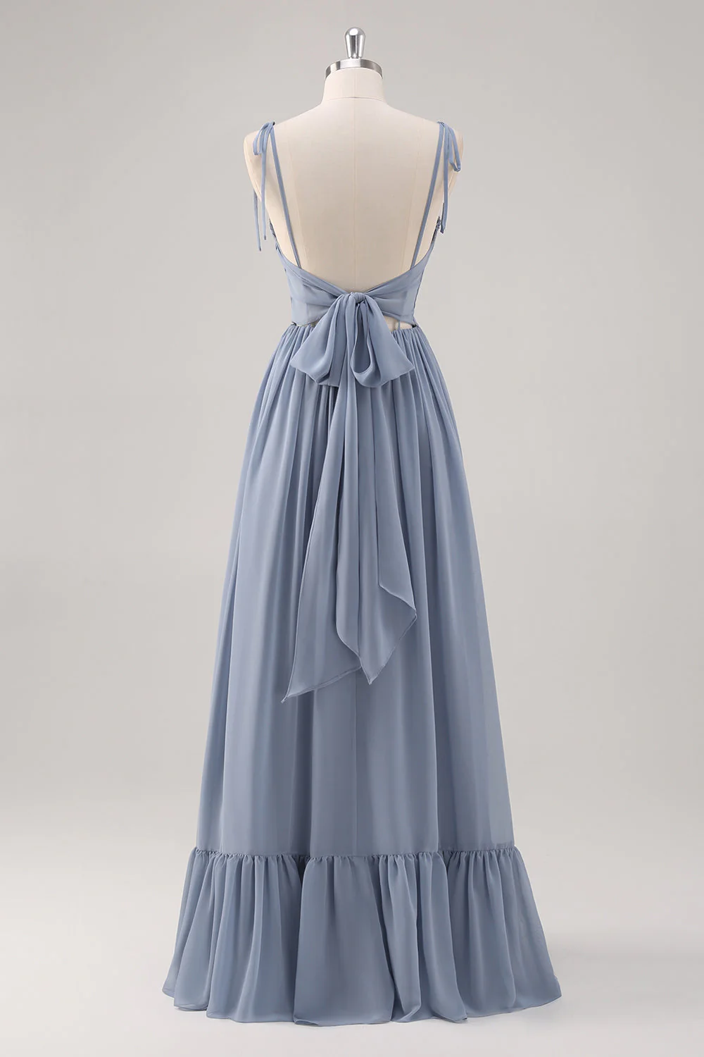 Dusty Blue A Line Corset Long Bridesmaid Dress with Slit - Image 2