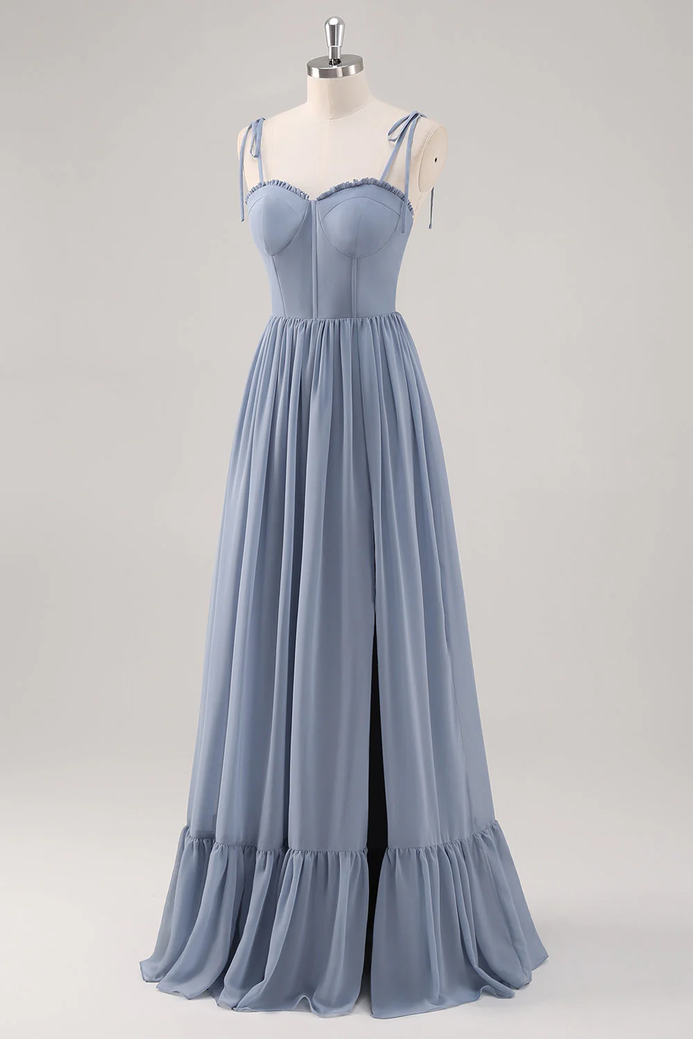 Dusty Blue A Line Corset Long Bridesmaid Dress with Slit - Image 3