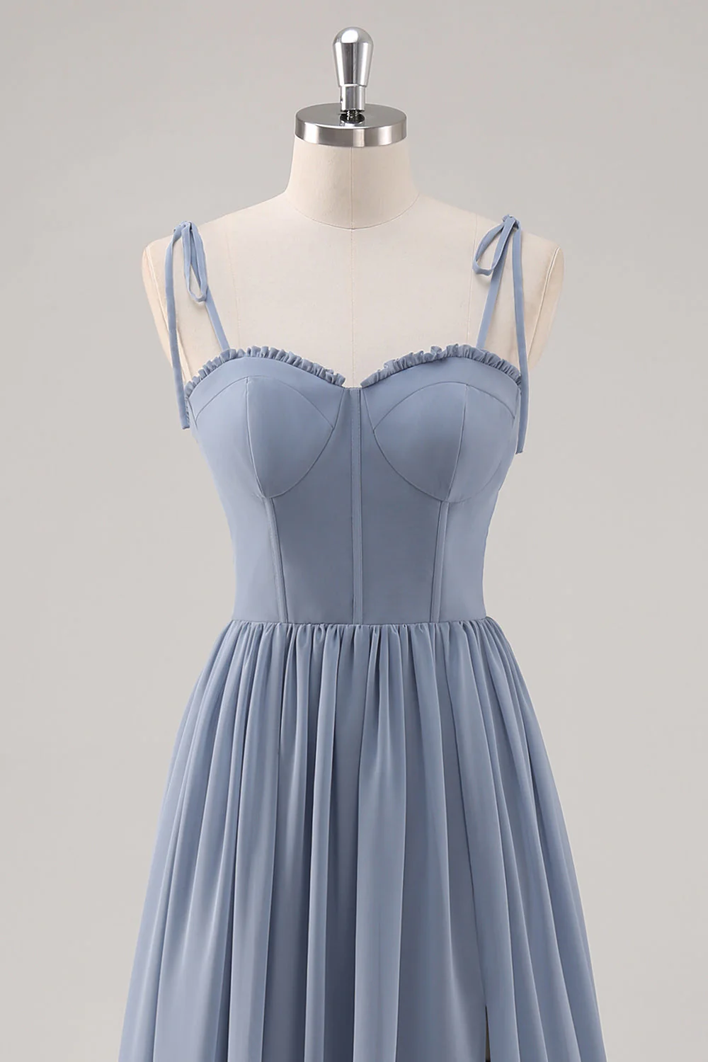 Dusty Blue A Line Corset Long Bridesmaid Dress with Slit - Image 4