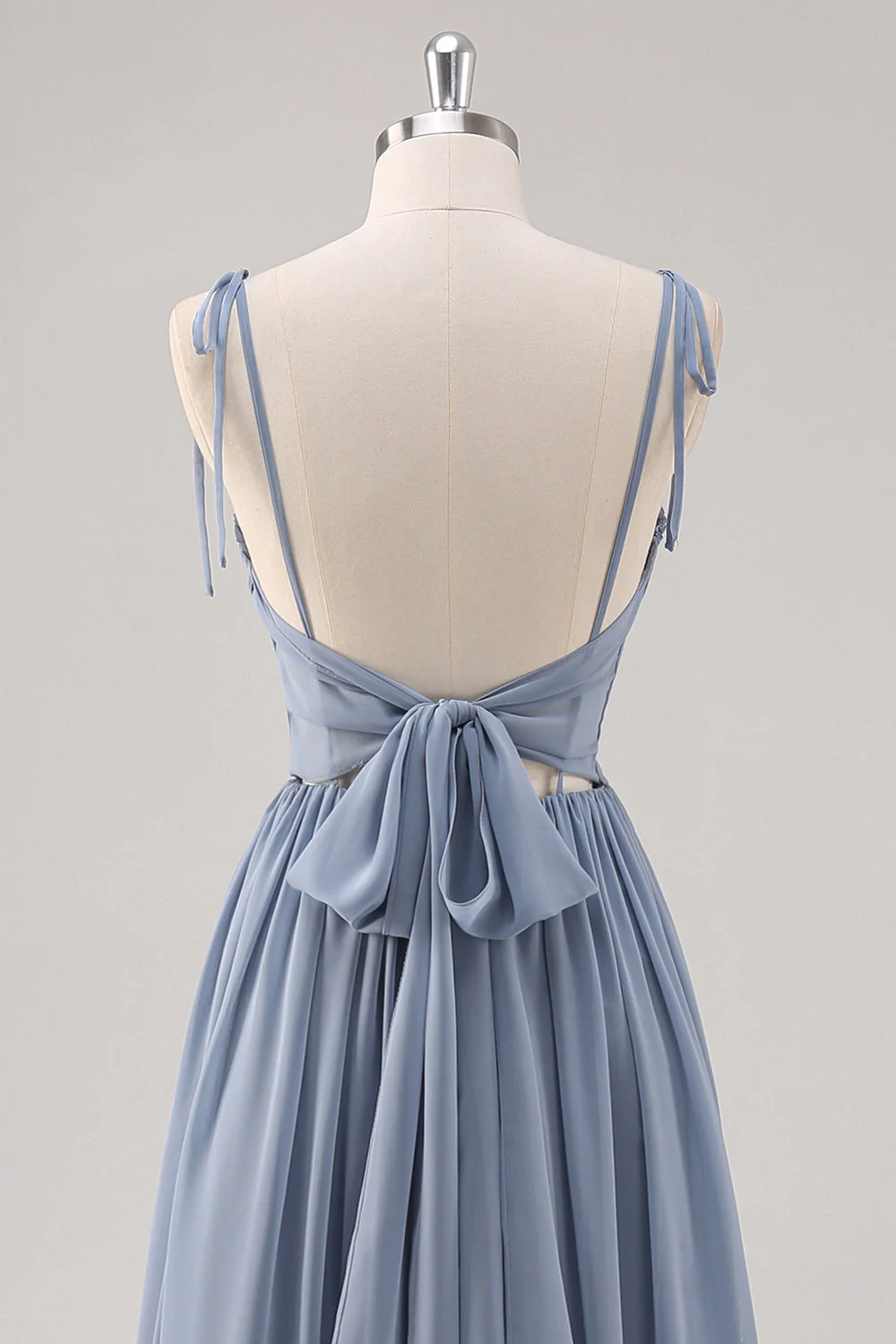 Dusty Blue A Line Corset Long Bridesmaid Dress with Slit - Image 5