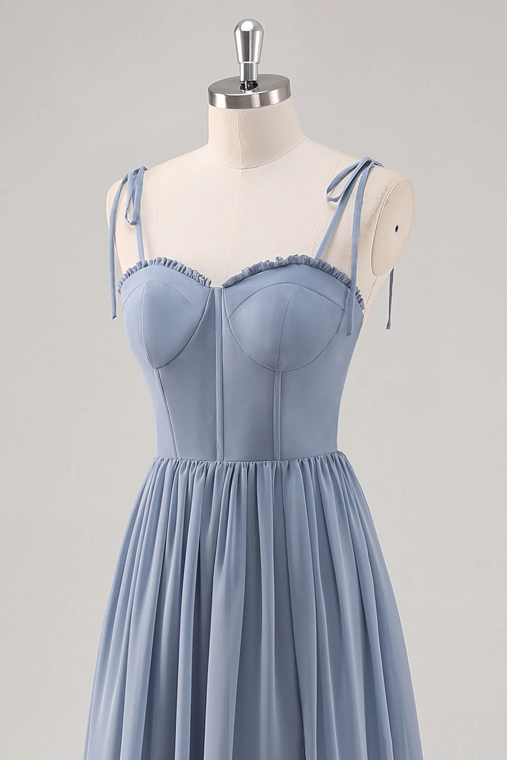 Dusty Blue A Line Corset Long Bridesmaid Dress with Slit - Image 6