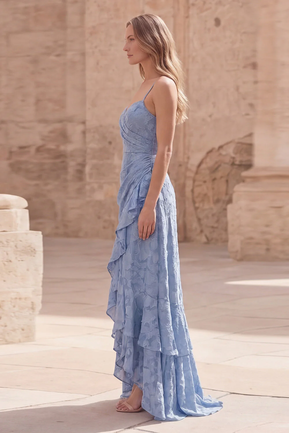 Dusty Blue A Line Long Floral Dress with Ruffled Slit - Image 3