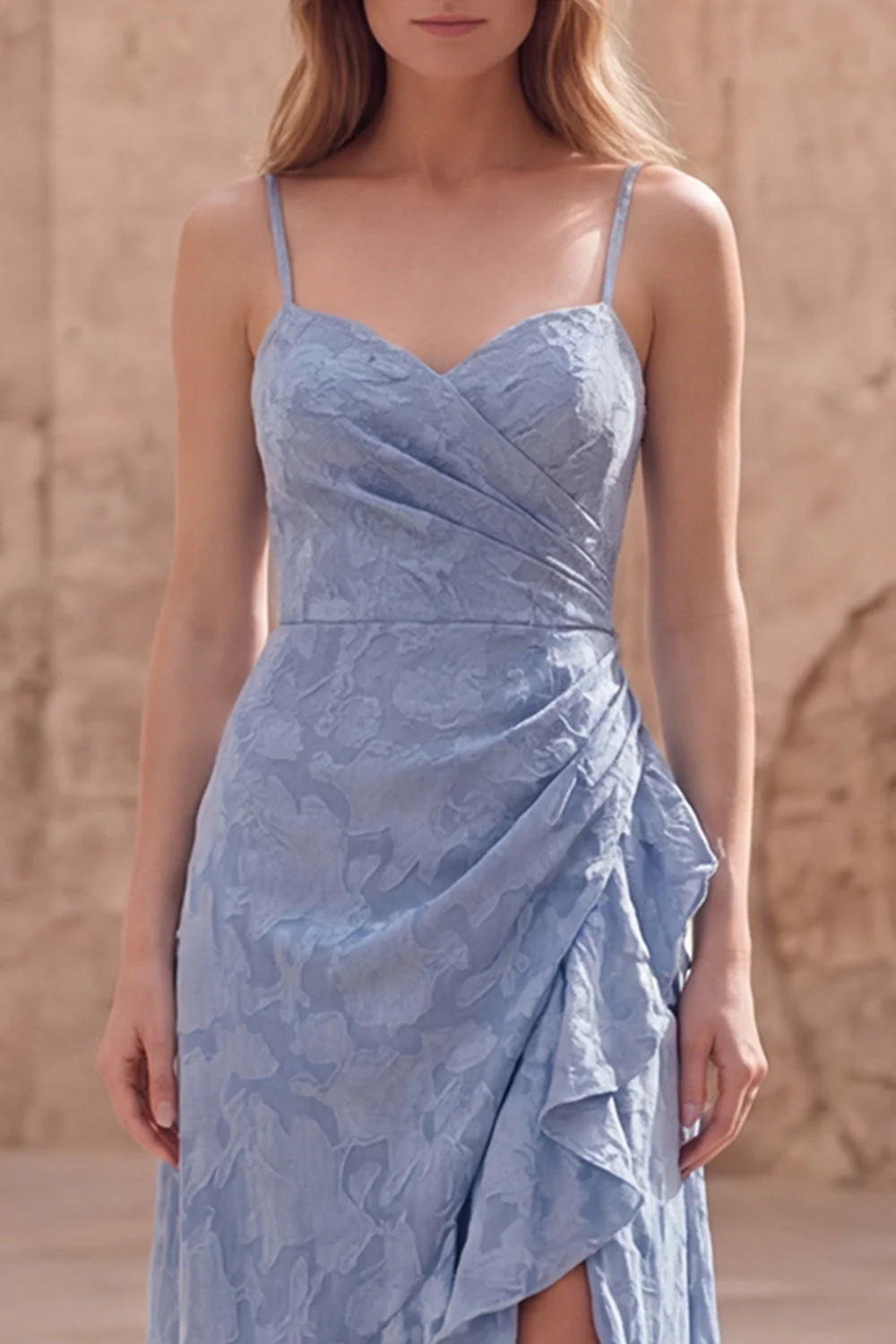 Dusty Blue A Line Long Floral Dress with Ruffled Slit - Image 4