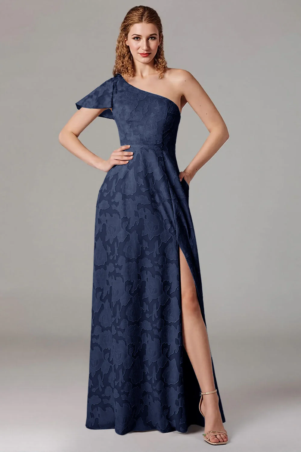 Dusty Blue A-Line One Shoulder Bridesmaid Dress with Slit - Image 11