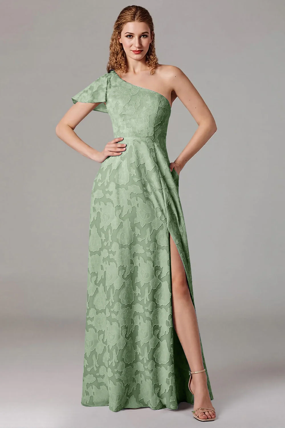 Dusty Blue A-Line One Shoulder Bridesmaid Dress with Slit - Image 13