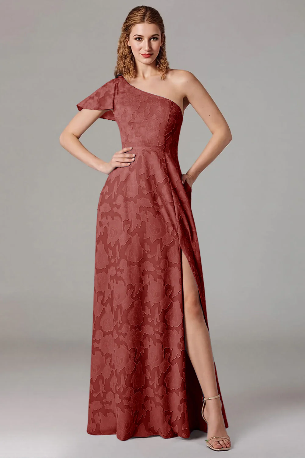 Dusty Blue A-Line One Shoulder Bridesmaid Dress with Slit - Image 15