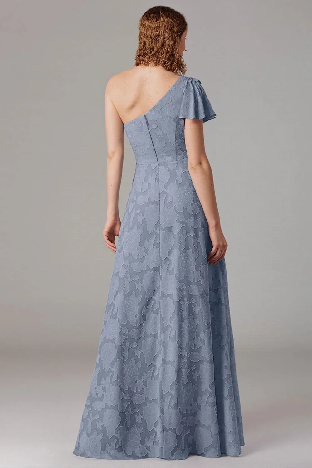 Dusty Blue A-Line One Shoulder Bridesmaid Dress with Slit - Image 2