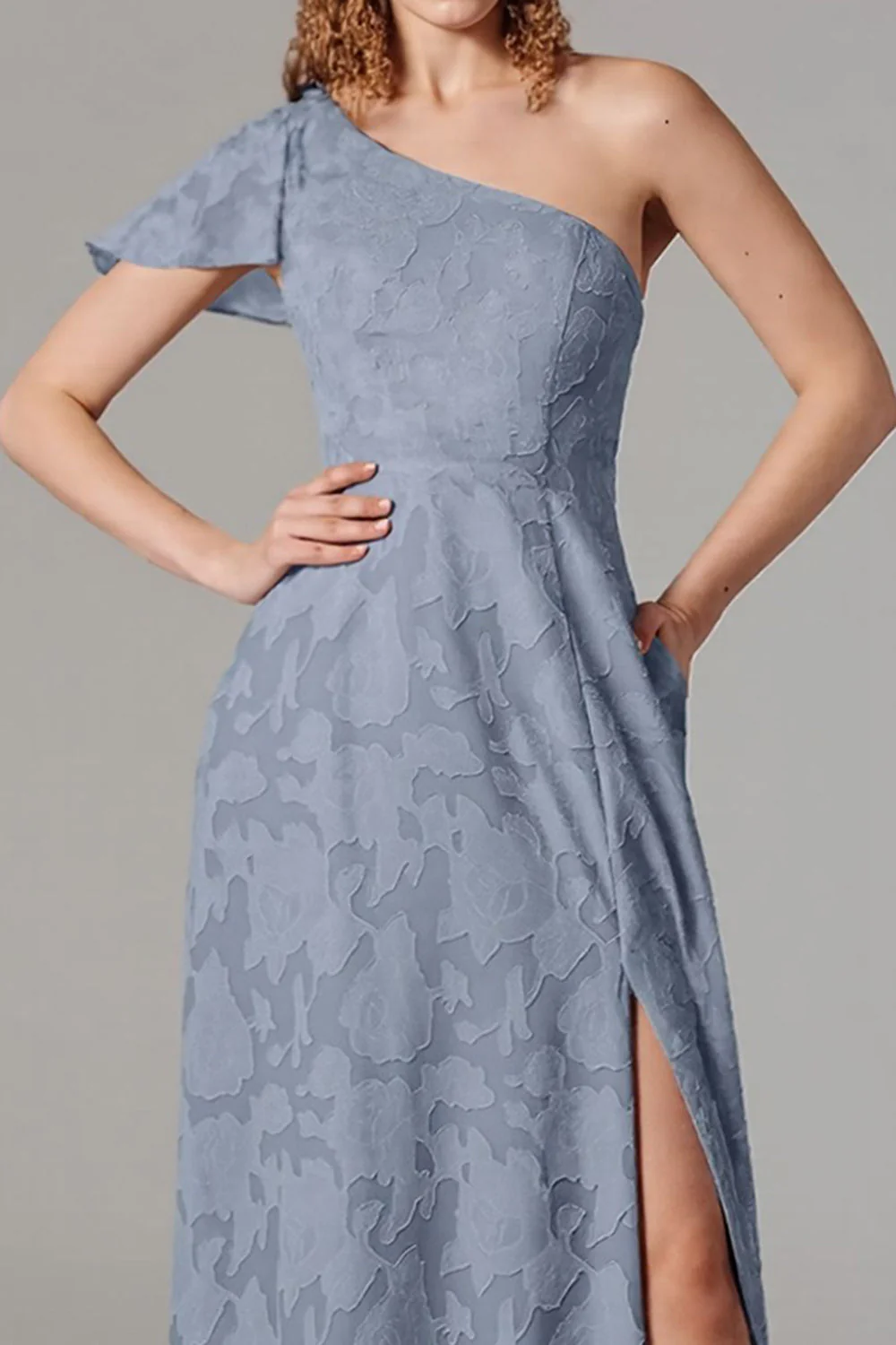 Dusty Blue A-Line One Shoulder Bridesmaid Dress with Slit - Image 3