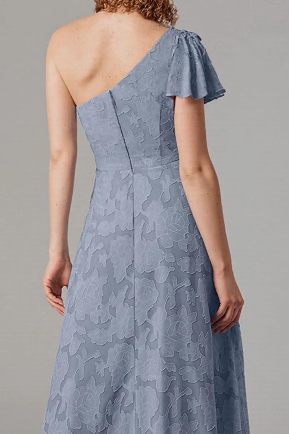 Dusty Blue A-Line One Shoulder Bridesmaid Dress with Slit - Image 4
