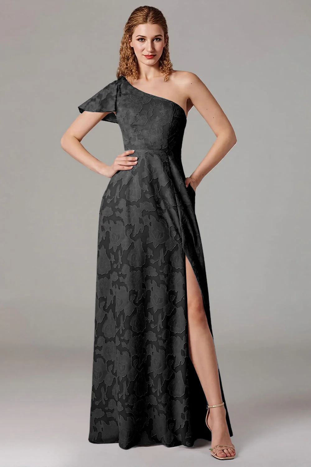 Dusty Blue A-Line One Shoulder Bridesmaid Dress with Slit - Image 5