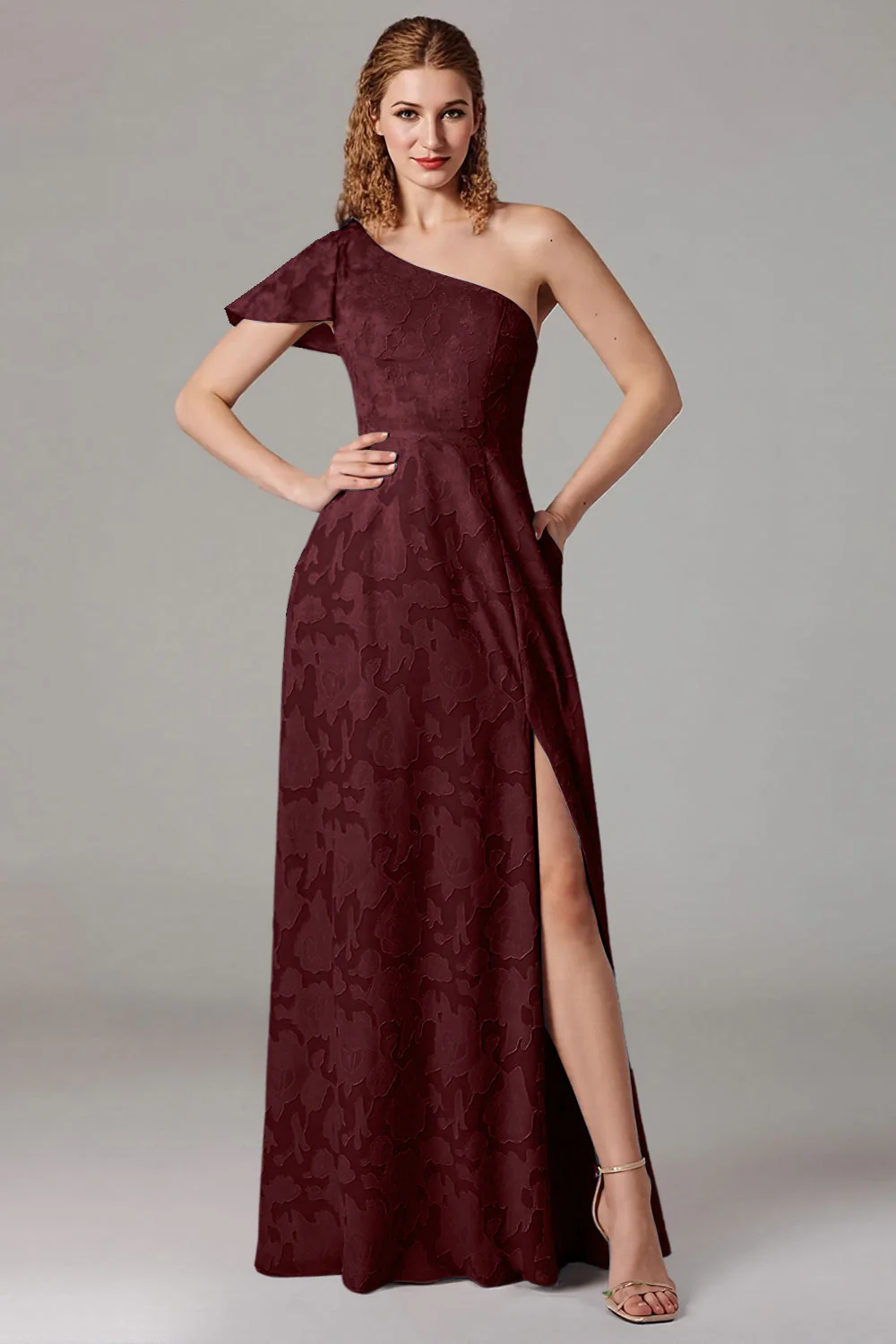 Dusty Blue A-Line One Shoulder Bridesmaid Dress with Slit - Image 7