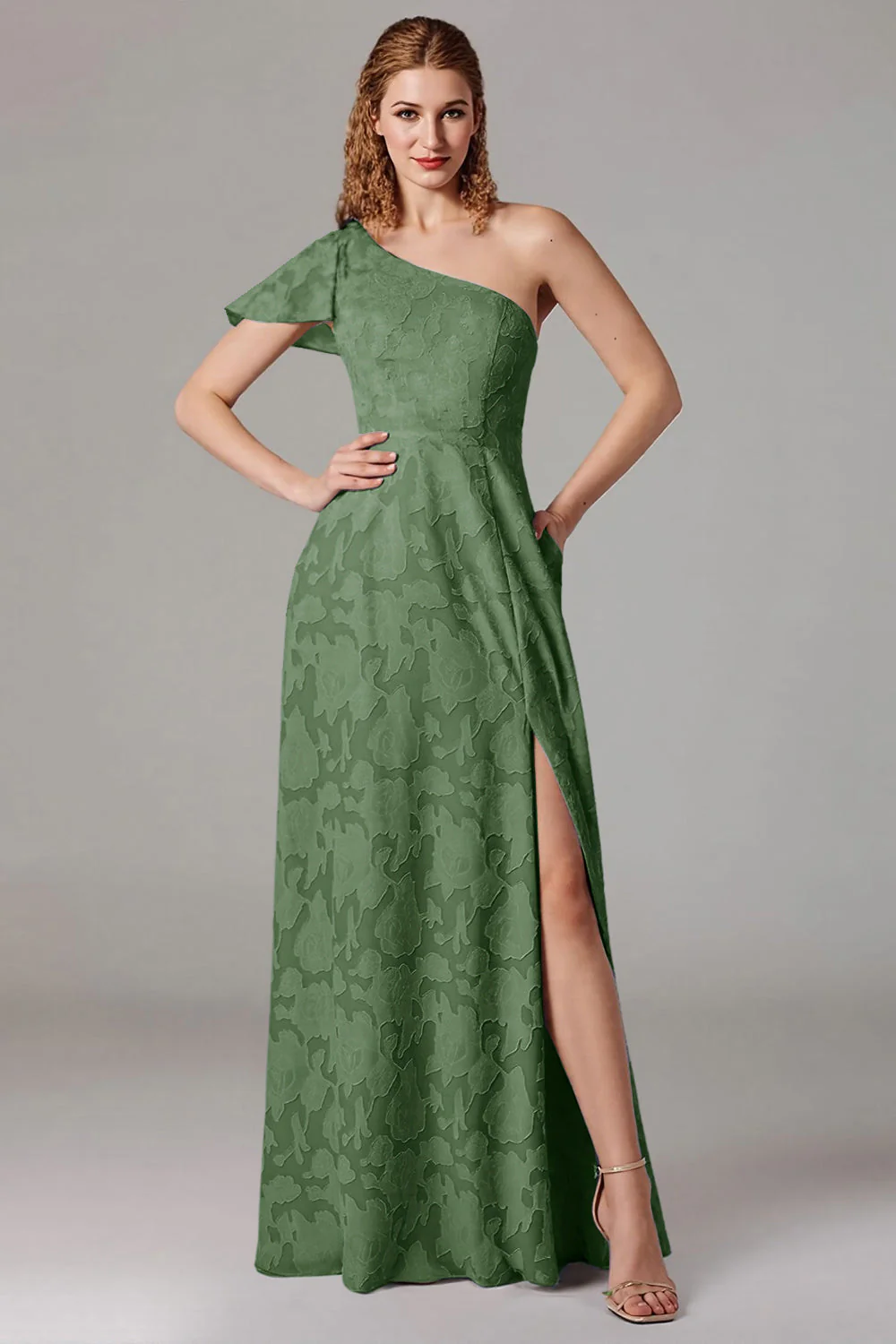 Dusty Blue A-Line One Shoulder Bridesmaid Dress with Slit - Image 9