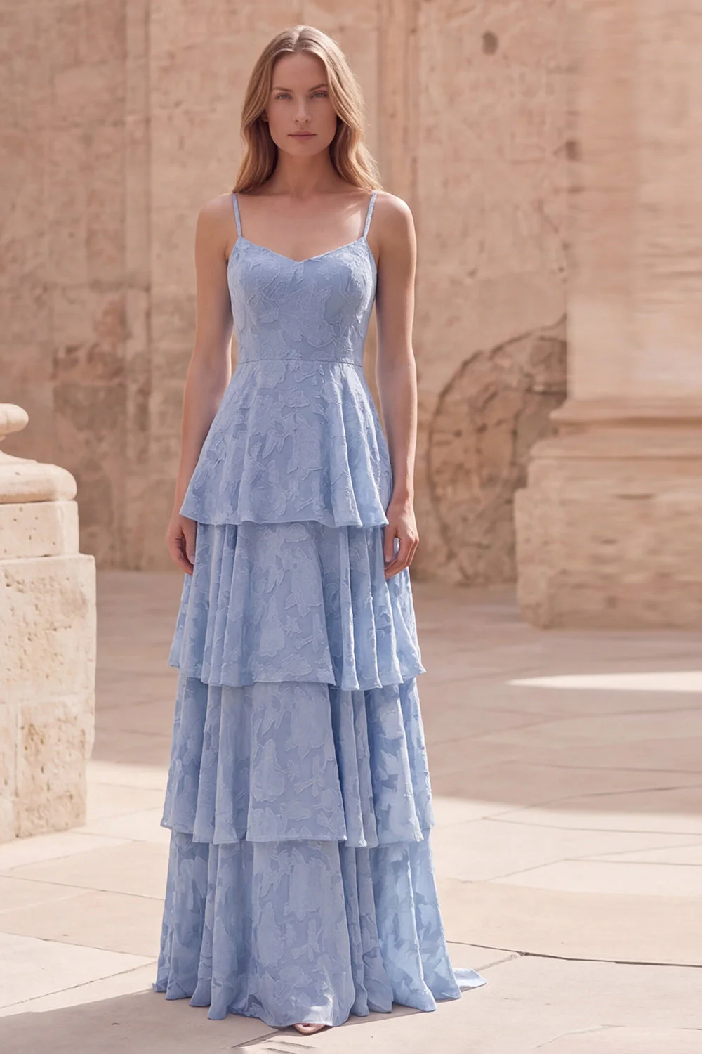 Dusty Blue A-Line Spaghetti Straps Tiered Ruffle Floral Maxi Dress