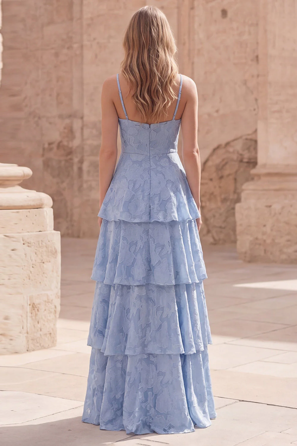 Dusty Blue A-Line Spaghetti Straps Tiered Ruffle Floral Maxi Dress - Image 2