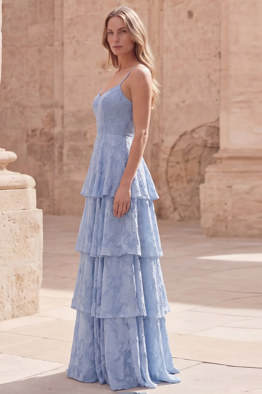 Dusty Blue A-Line Spaghetti Straps Tiered Ruffle Floral Maxi Dress - Image 3