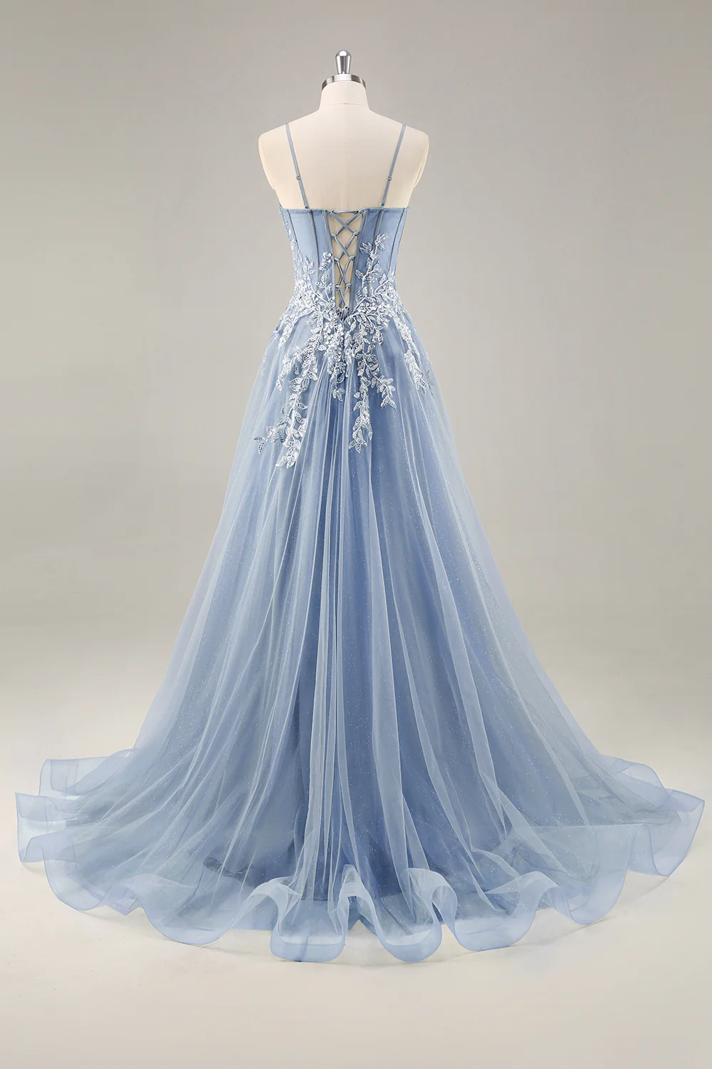 Dusty Blue A Line Strapless Sheer Corset Beaded Long Prom Dress with Slit - Image 2