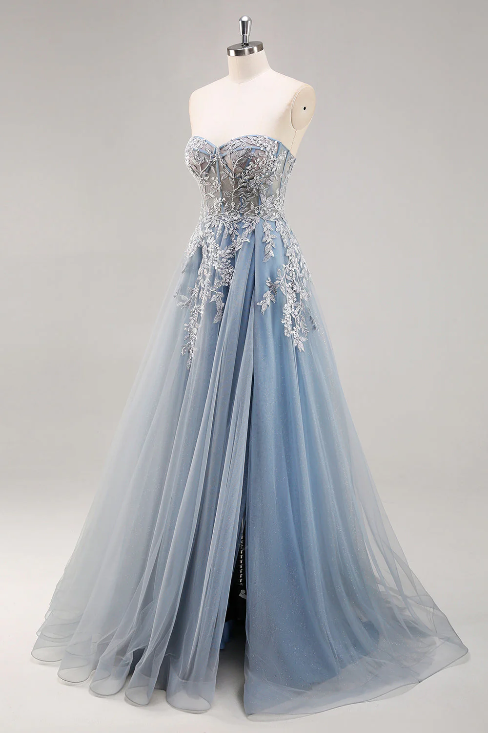 Dusty Blue A Line Strapless Sheer Corset Beaded Long Prom Dress with Slit - Image 3