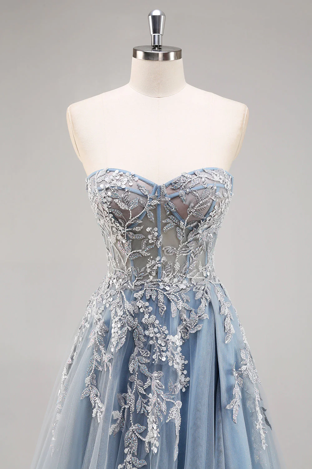 Dusty Blue A Line Strapless Sheer Corset Beaded Long Prom Dress with Slit - Image 4