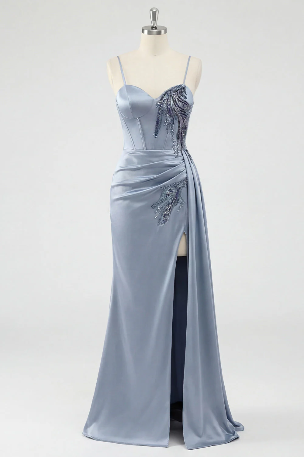 Dusty Blue Mermaid Corset Lace Up Back Long Prom Dress with Slit - Image 5