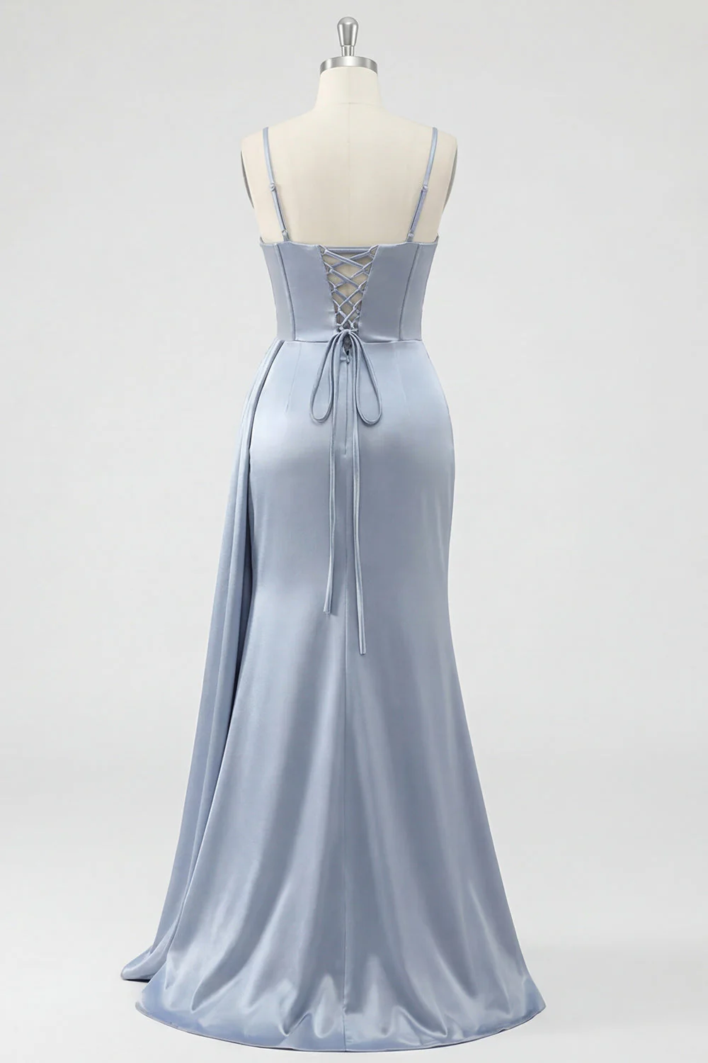 Dusty Blue Mermaid Corset Lace Up Back Long Prom Dress with Slit - Image 6