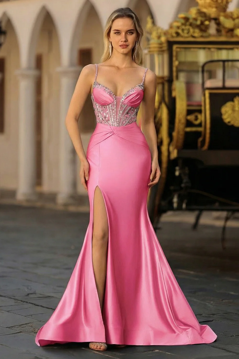 Dusty Blue Mermaid Beaded Corset Sequin Long Prom Dress with Slit - Image 13