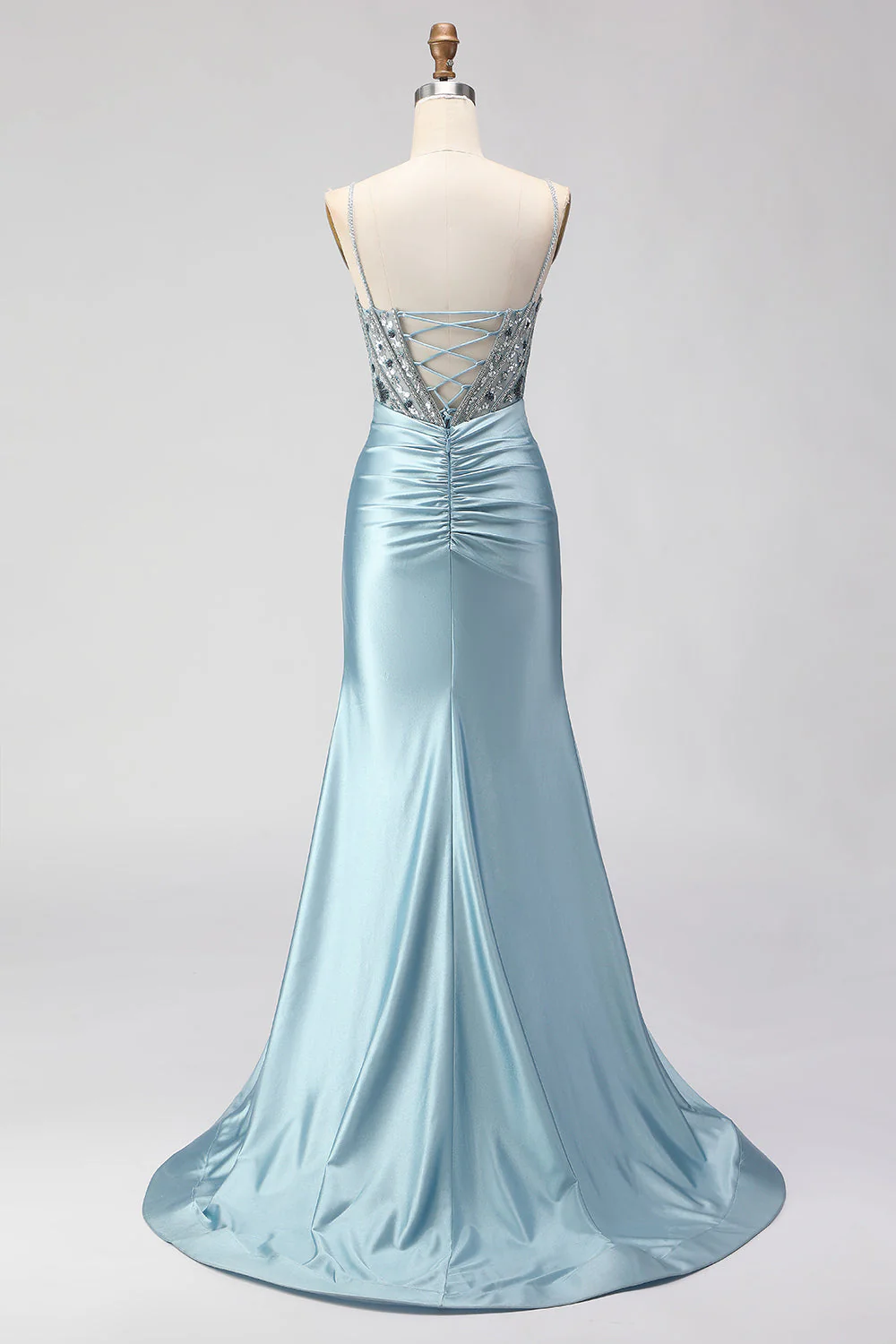 Dusty Blue Mermaid Beaded Corset Sequin Long Prom Dress with Slit - Image 2