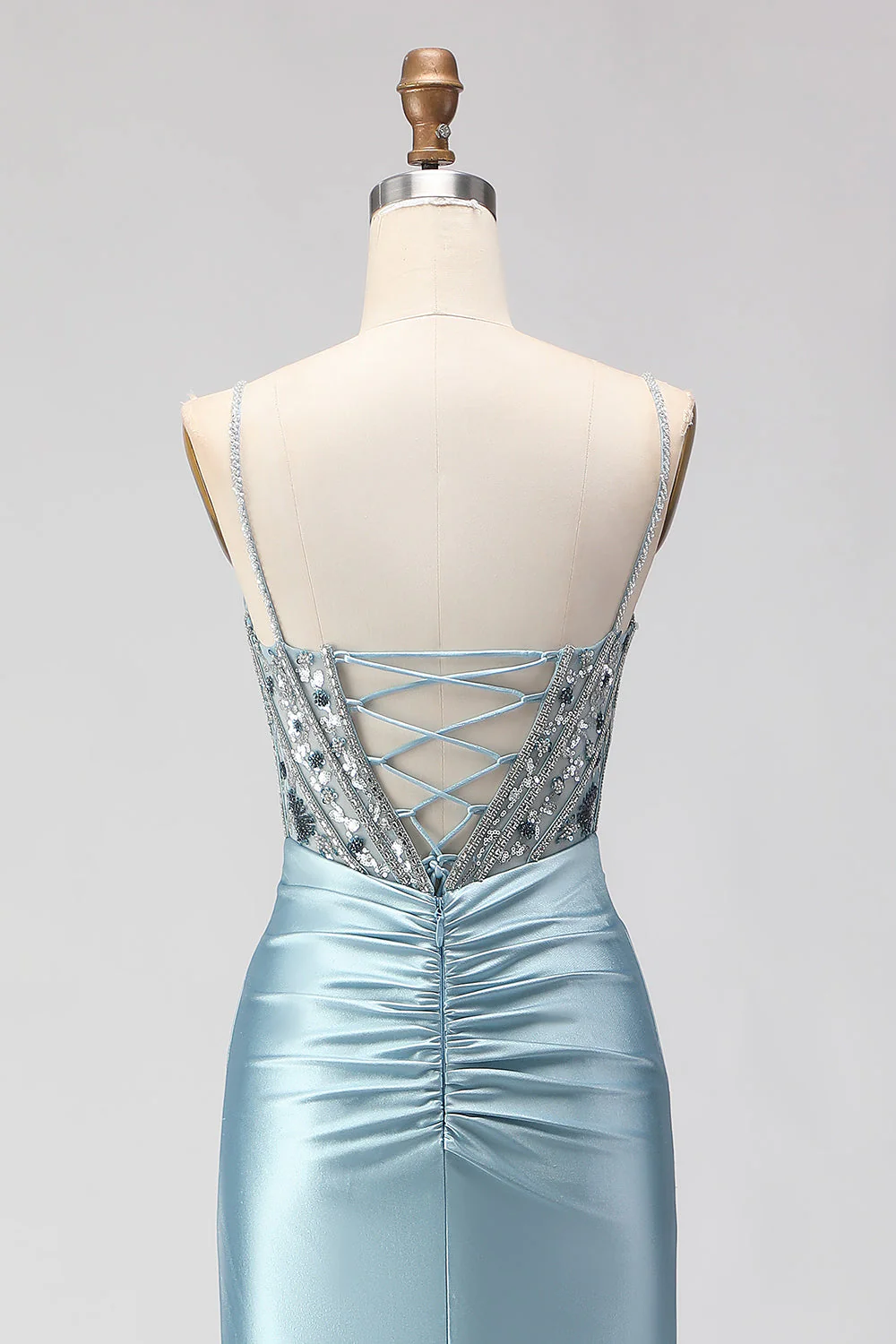 Dusty Blue Mermaid Beaded Corset Sequin Long Prom Dress with Slit - Image 7
