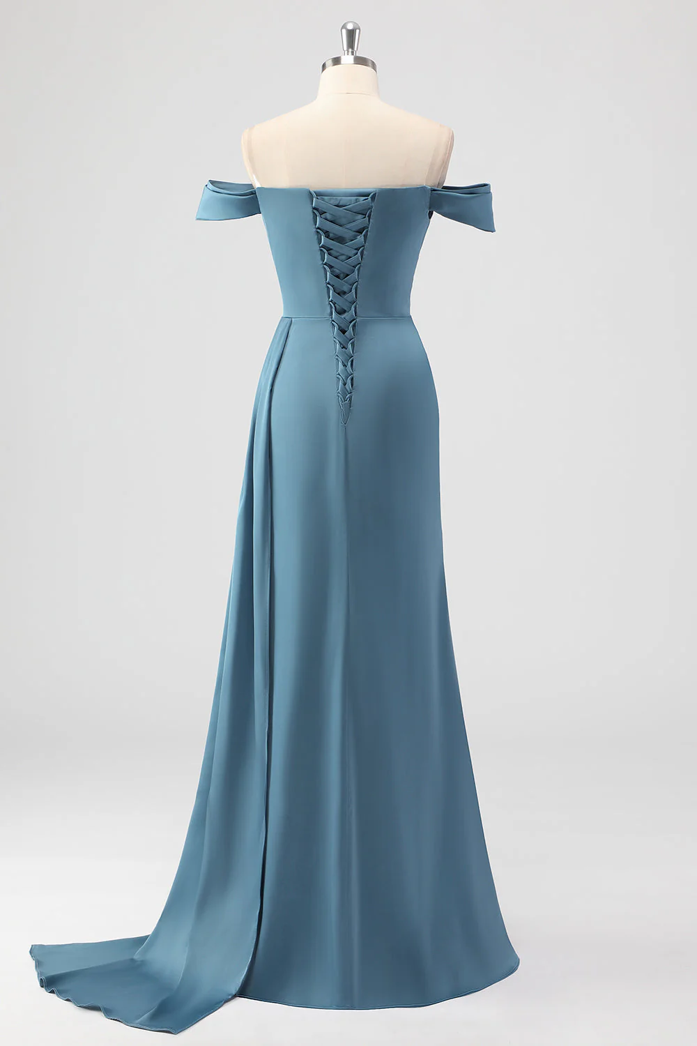 Dusty Blue Mermaid Off the Shoulder Satin Long Bridesmaid Dress with Slit - Image 2