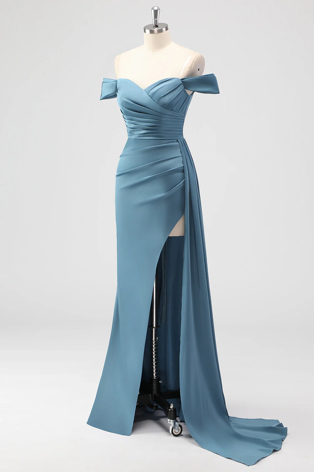 Dusty Blue Mermaid Off the Shoulder Satin Long Bridesmaid Dress with Slit - Image 3