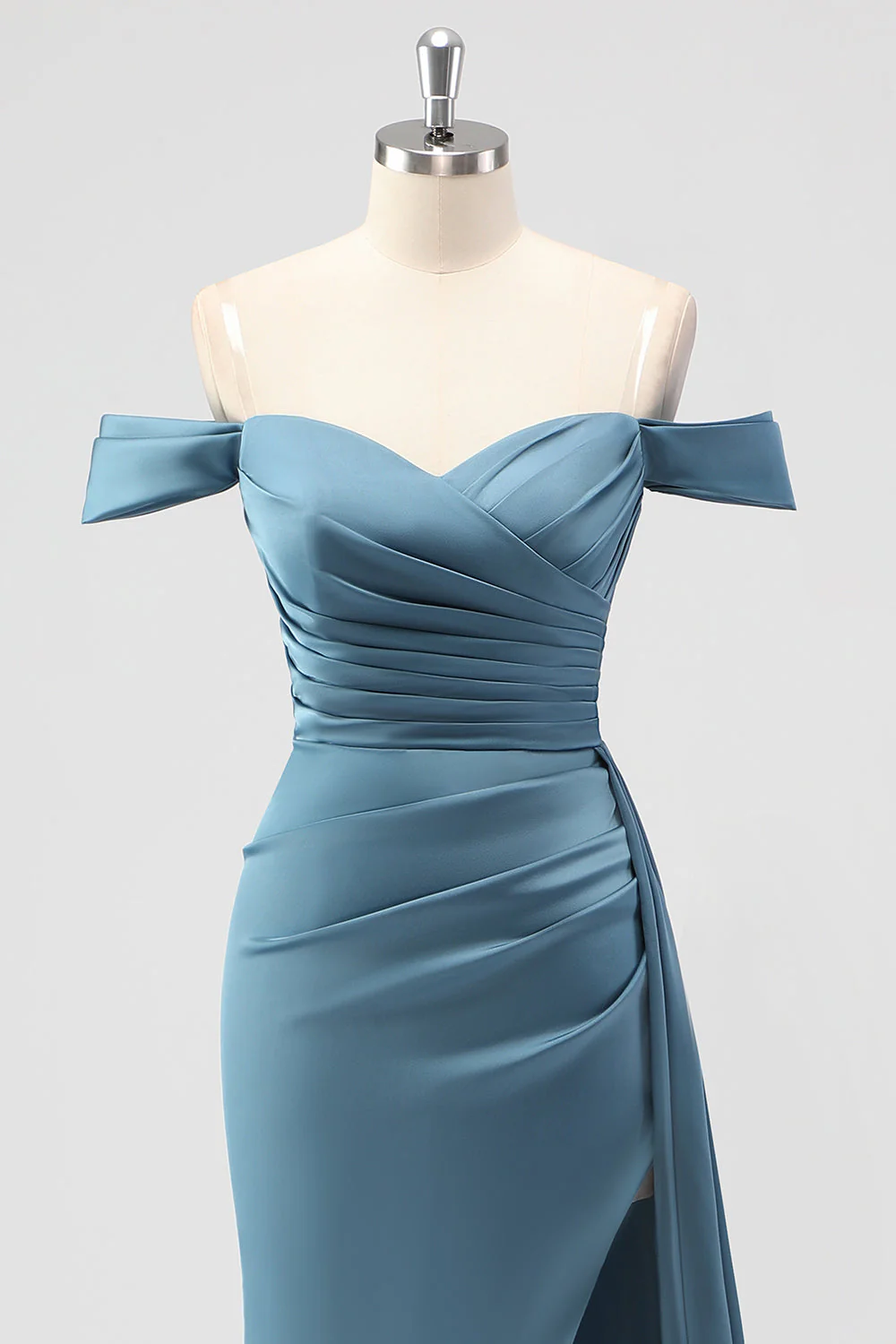 Dusty Blue Mermaid Off the Shoulder Satin Long Bridesmaid Dress with Slit - Image 4