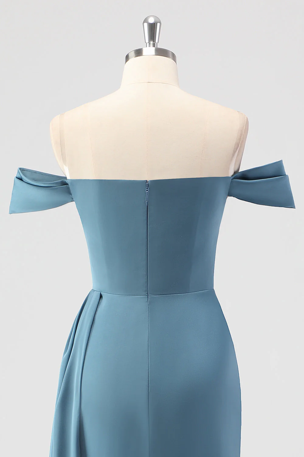 Dusty Blue Mermaid Off the Shoulder Satin Long Bridesmaid Dress with Slit - Image 5