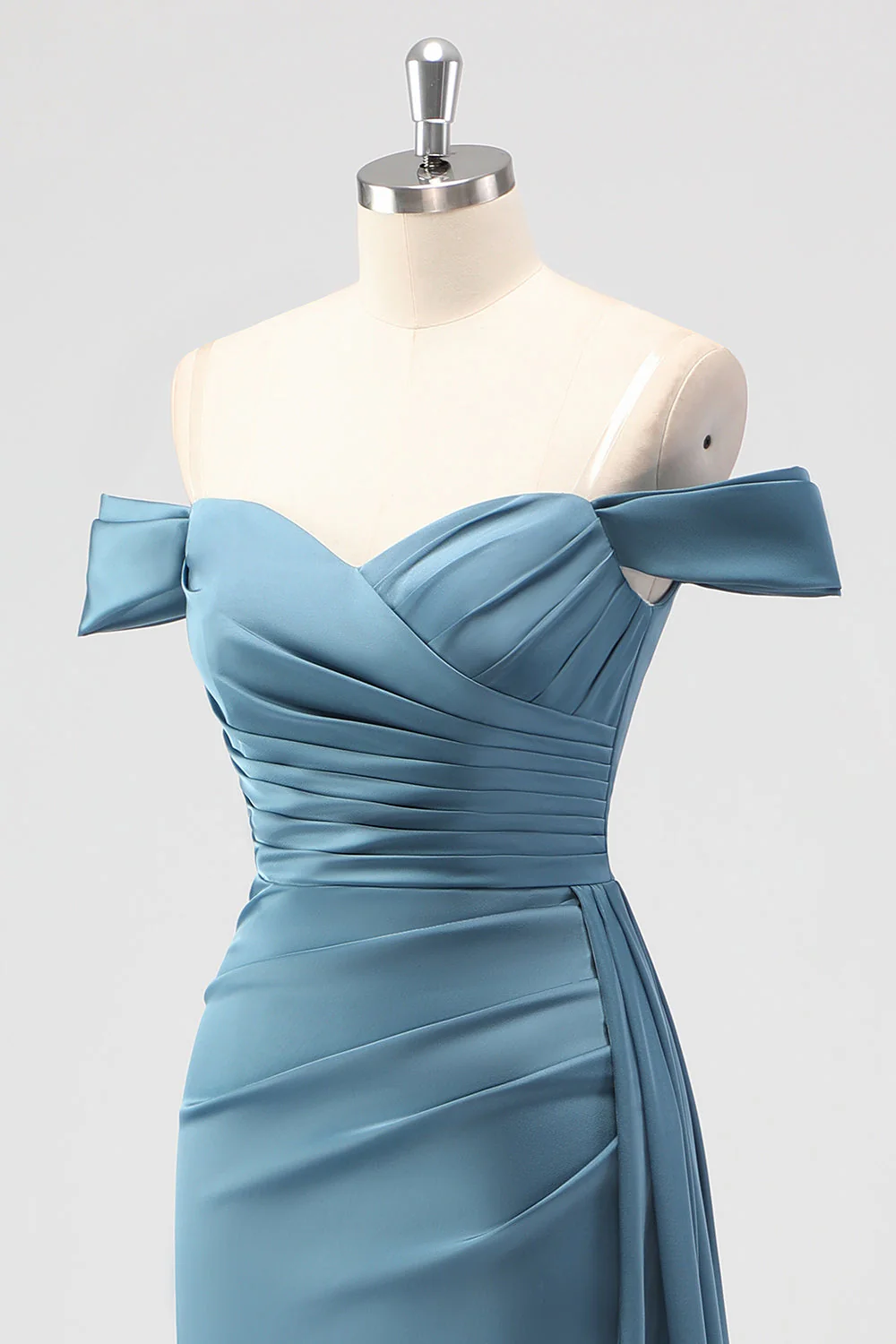 Dusty Blue Mermaid Off the Shoulder Satin Long Bridesmaid Dress with Slit - Image 6