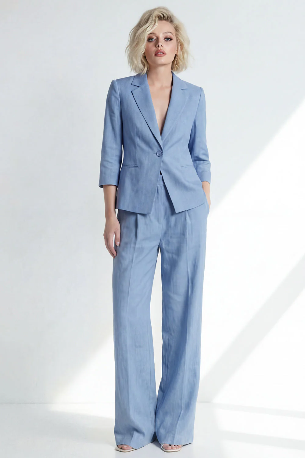 Dusty Blue Notched Lapel One Button Women Suit with 3/4 Sleeves