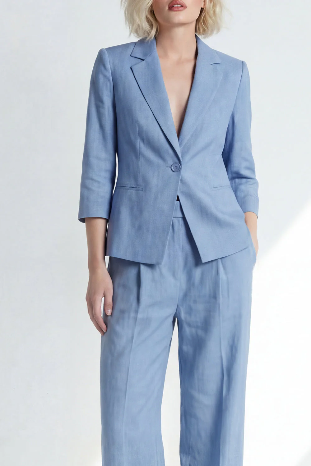 Dusty Blue Notched Lapel One Button Women Suit with 3/4 Sleeves - Image 3