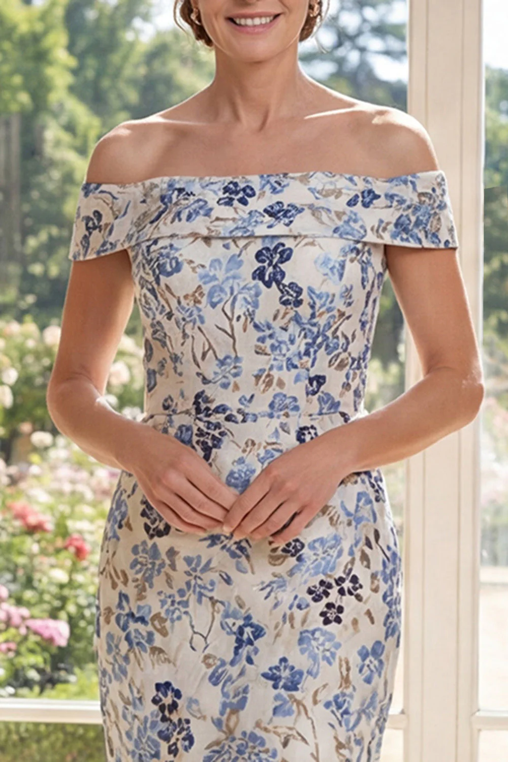 Dusty Blue Off the Shoulder Sheath Jacquard Midi Mother Of the Bride Dress - Image 3