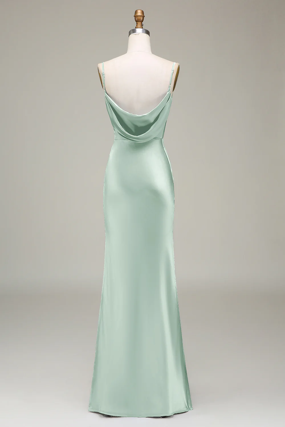 Dusty Blue Sheath Spaghetti Straps Backless Satin Long Bridesmaid Dress - Image 16