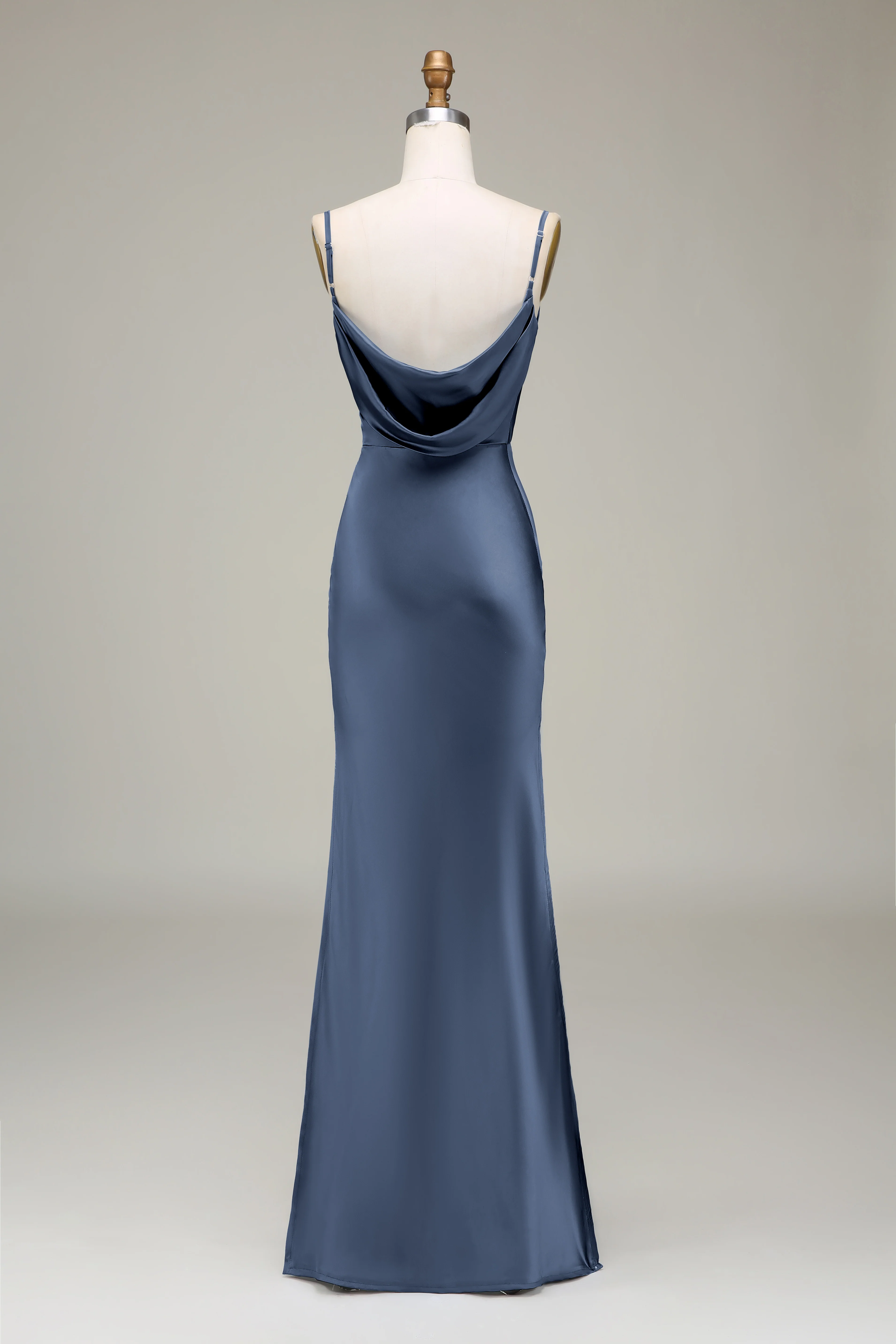 Dusty Blue Sheath Spaghetti Straps Backless Satin Long Bridesmaid Dress - Image 22