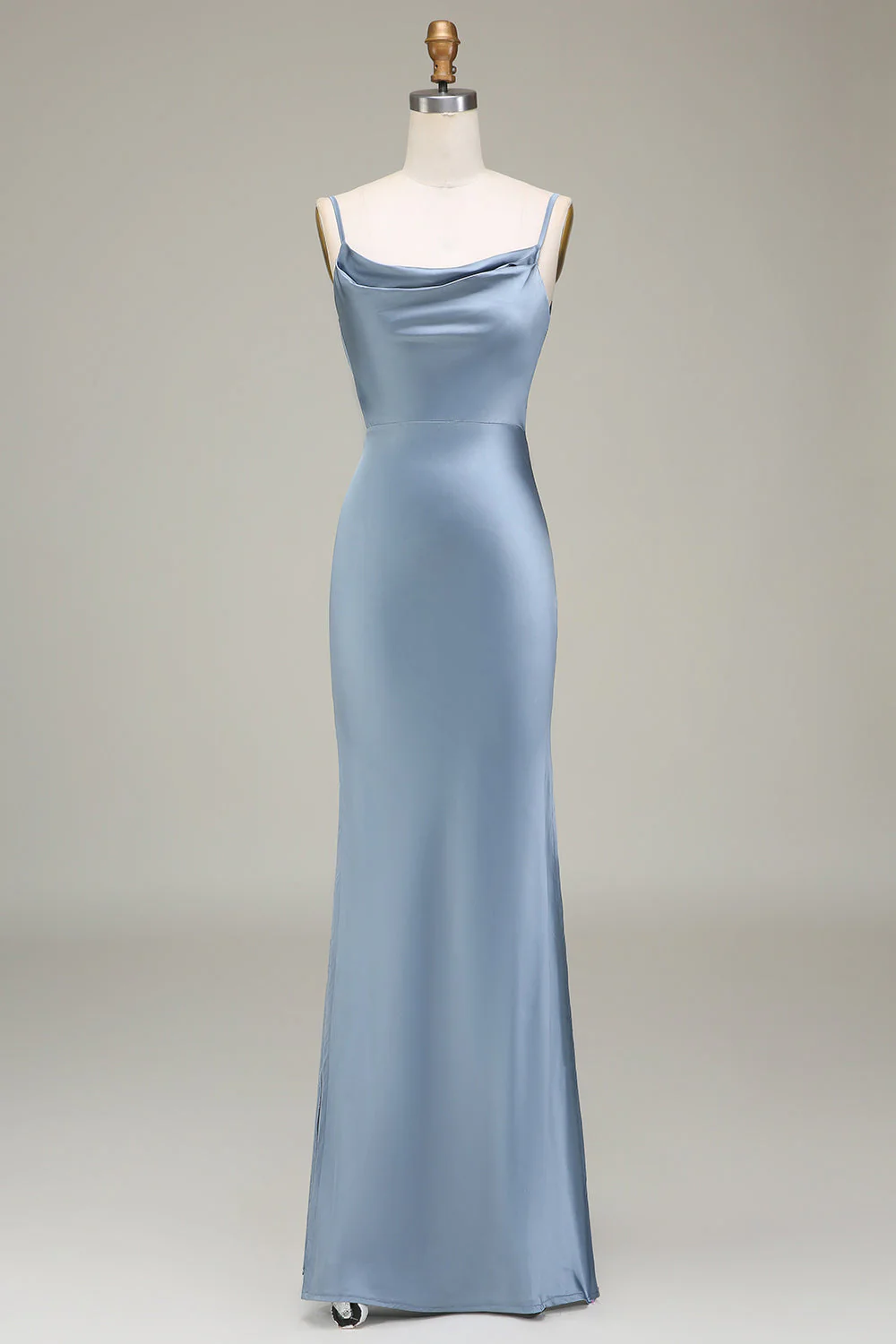 Dusty Blue Sheath Spaghetti Straps Backless Satin Long Bridesmaid Dress - Image 3