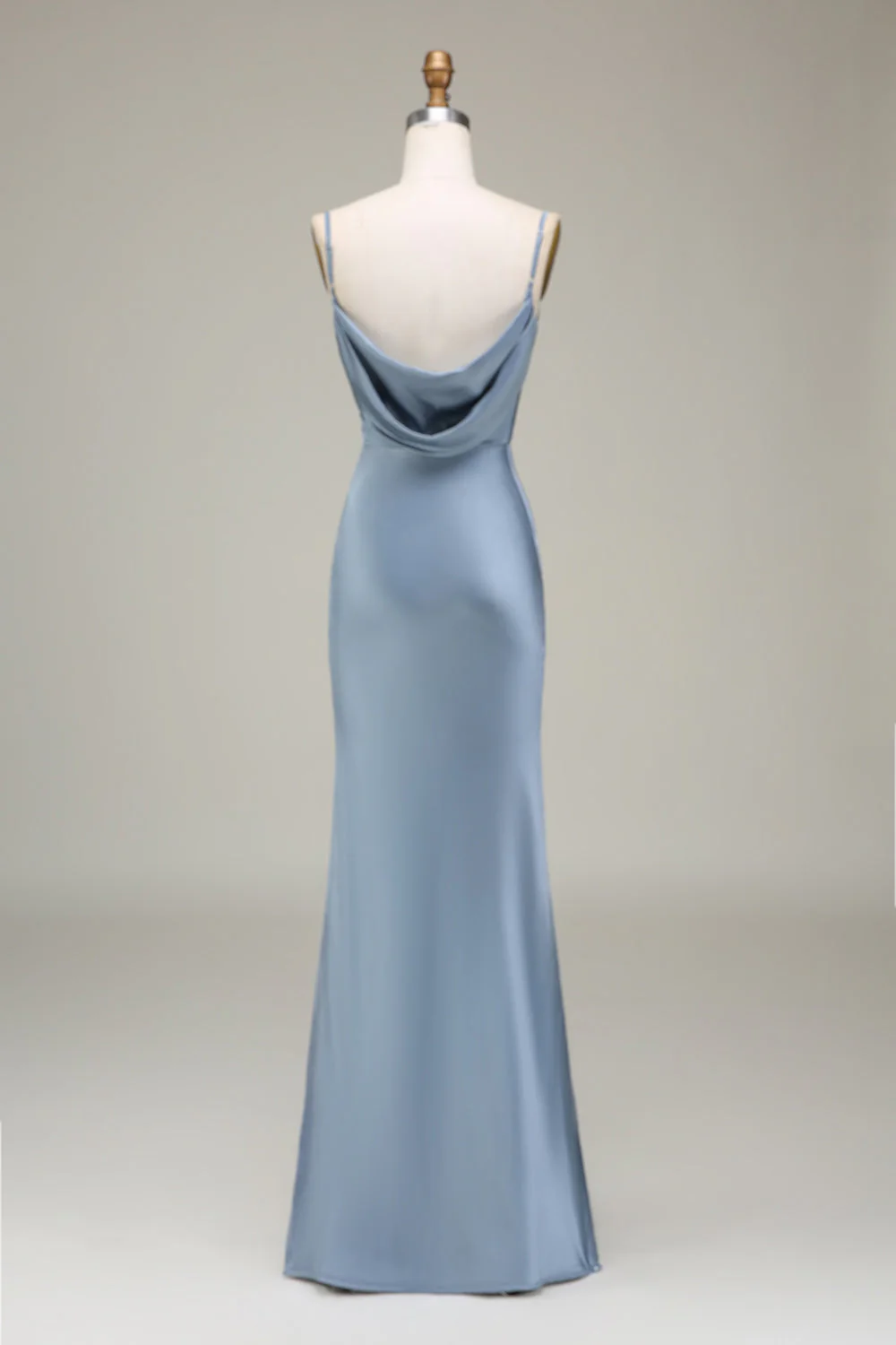 Dusty Blue Sheath Spaghetti Straps Backless Satin Long Bridesmaid Dress - Image 4