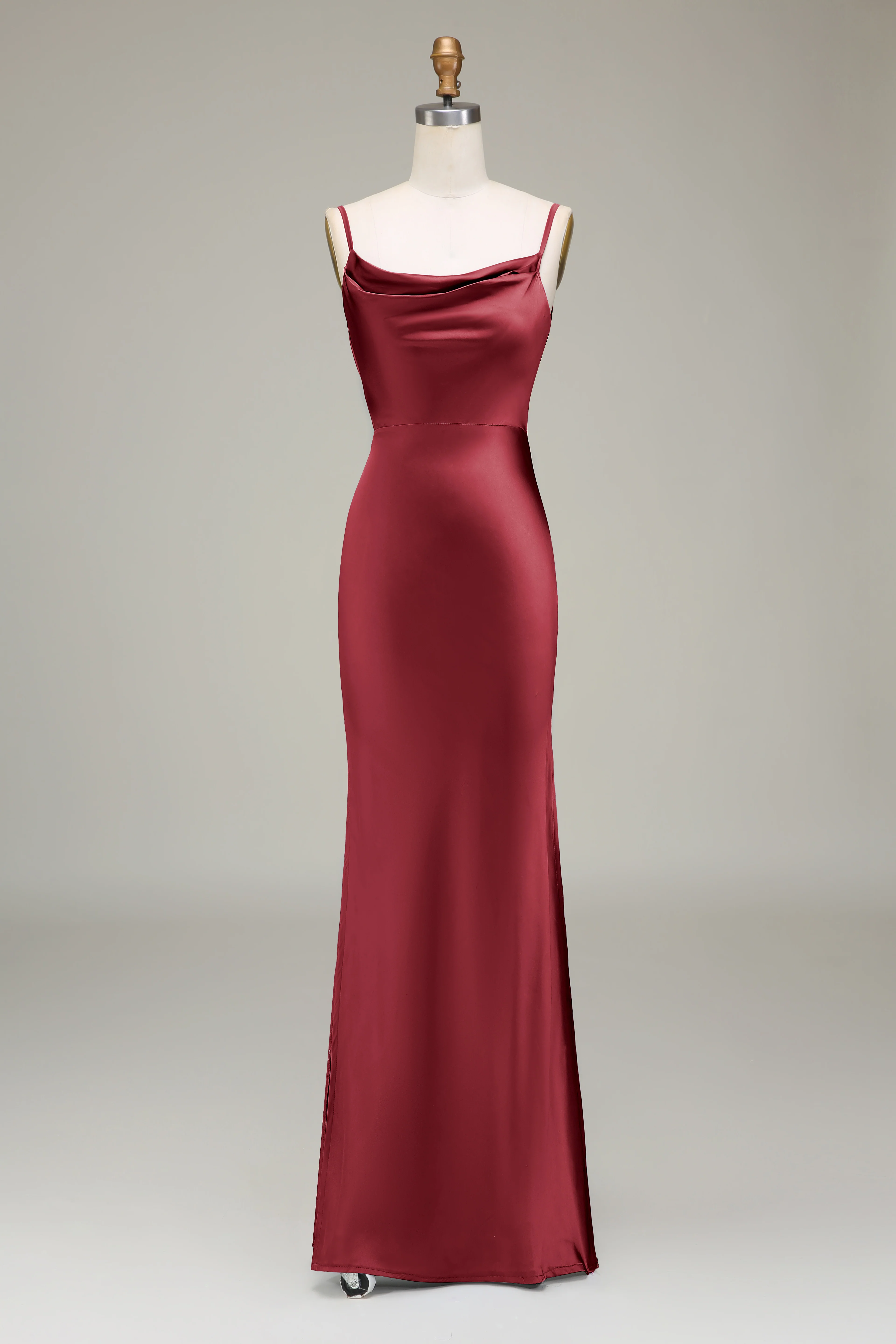 Dusty Blue Sheath Spaghetti Straps Backless Satin Long Bridesmaid Dress - Image 9