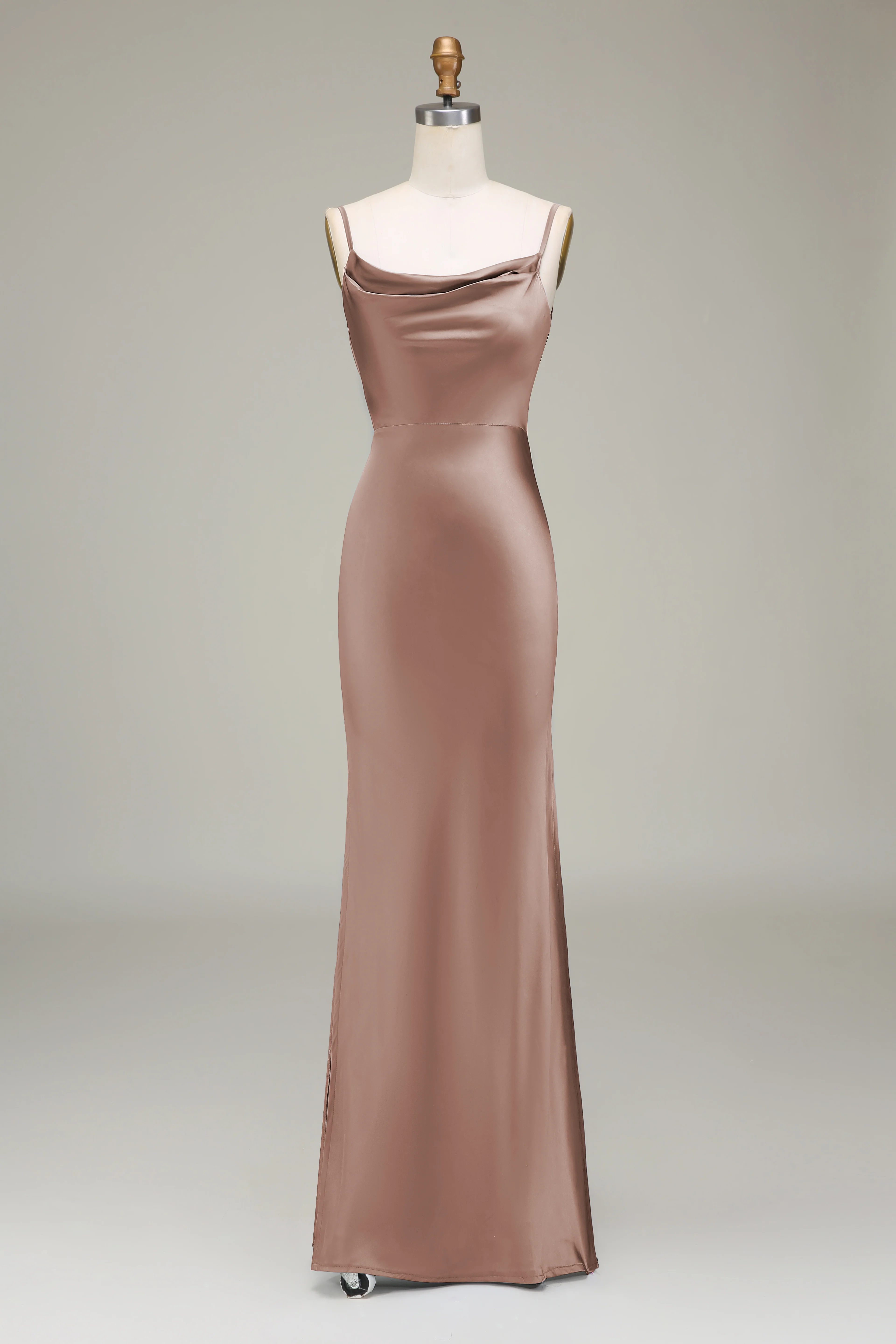 Dusty Blue Sheath Spaghetti Straps Satin Long Bridesmaid Dress - Image 10