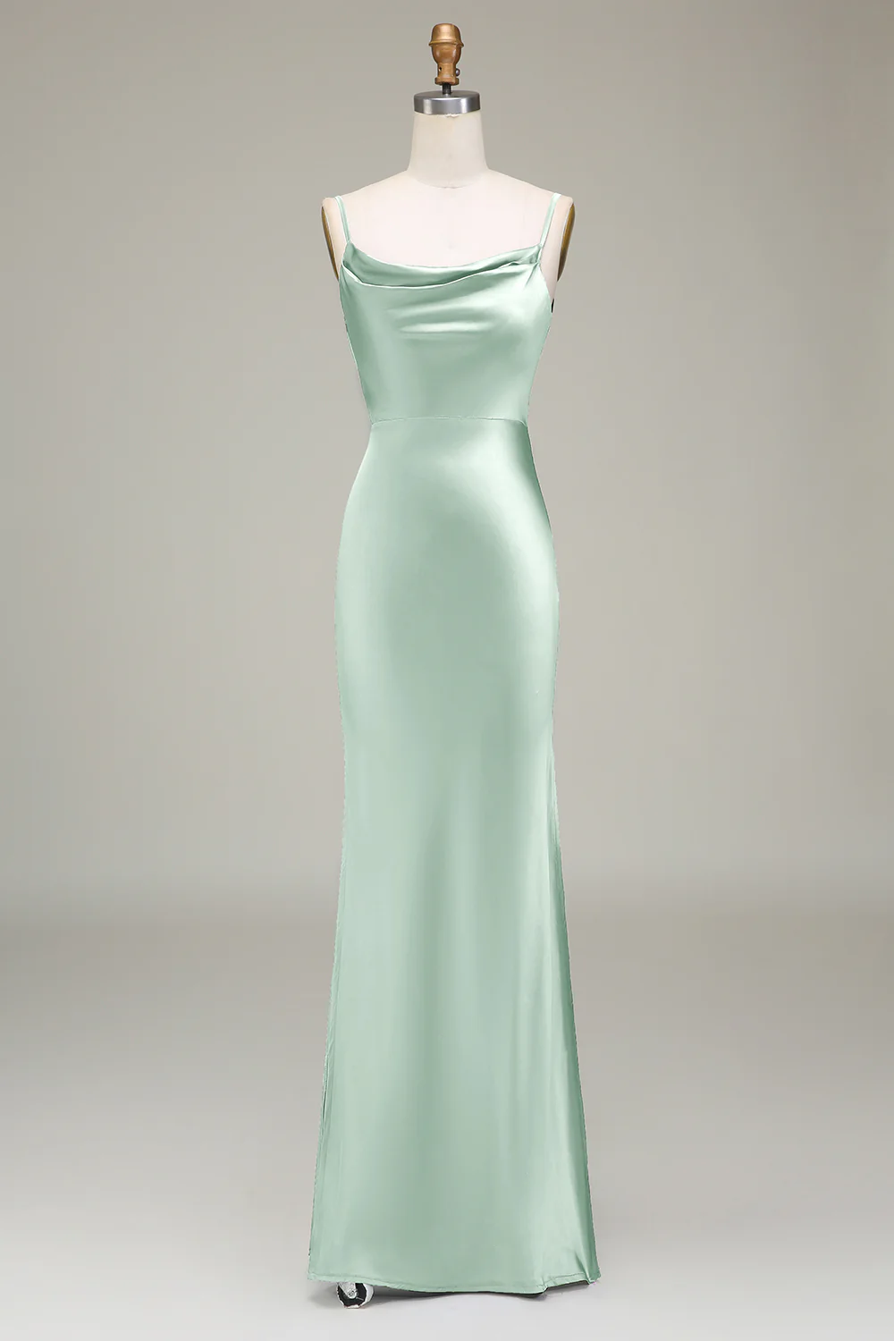 Dusty Blue Sheath Spaghetti Straps Satin Long Bridesmaid Dress - Image 12