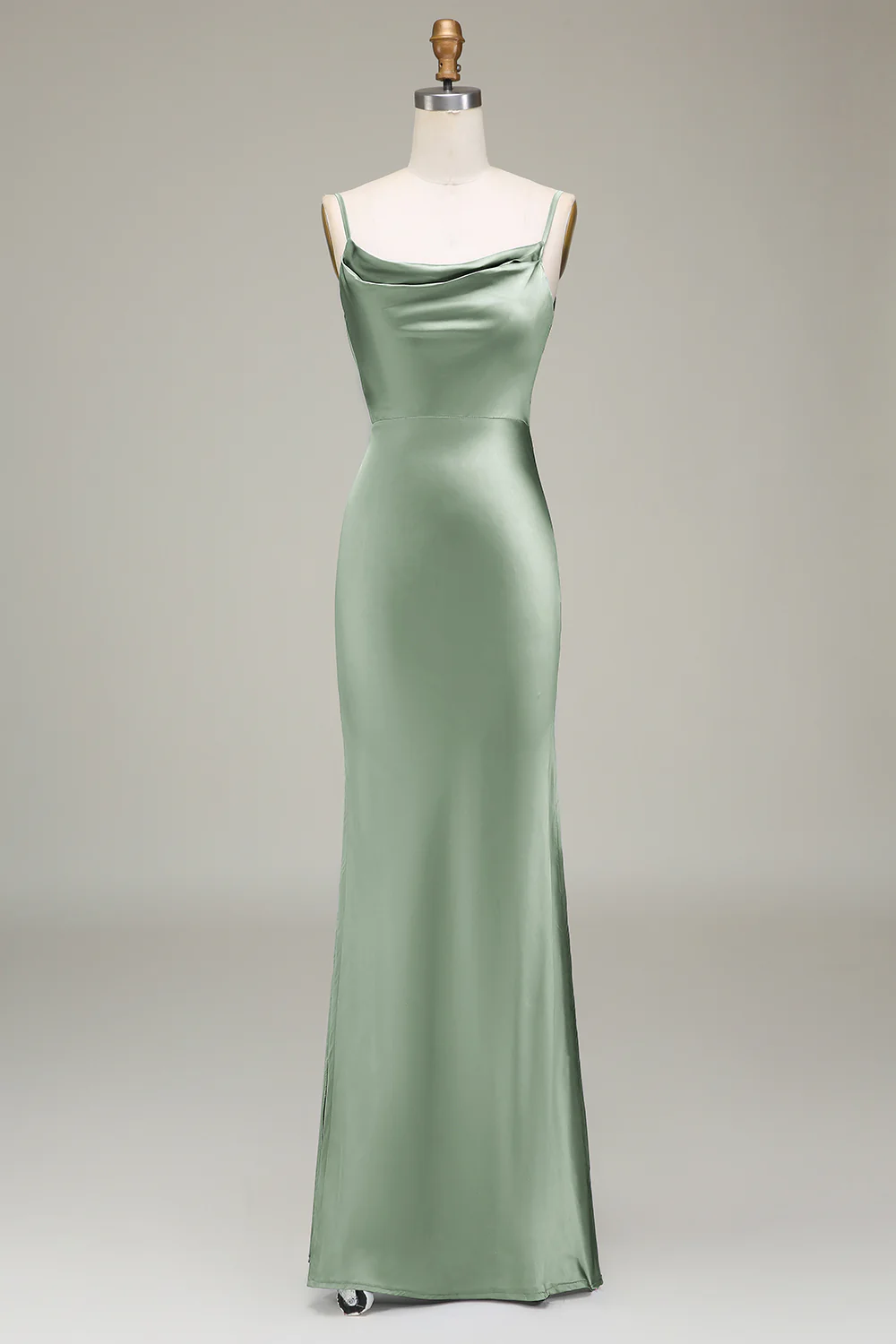 Dusty Blue Sheath Spaghetti Straps Satin Long Bridesmaid Dress - Image 14