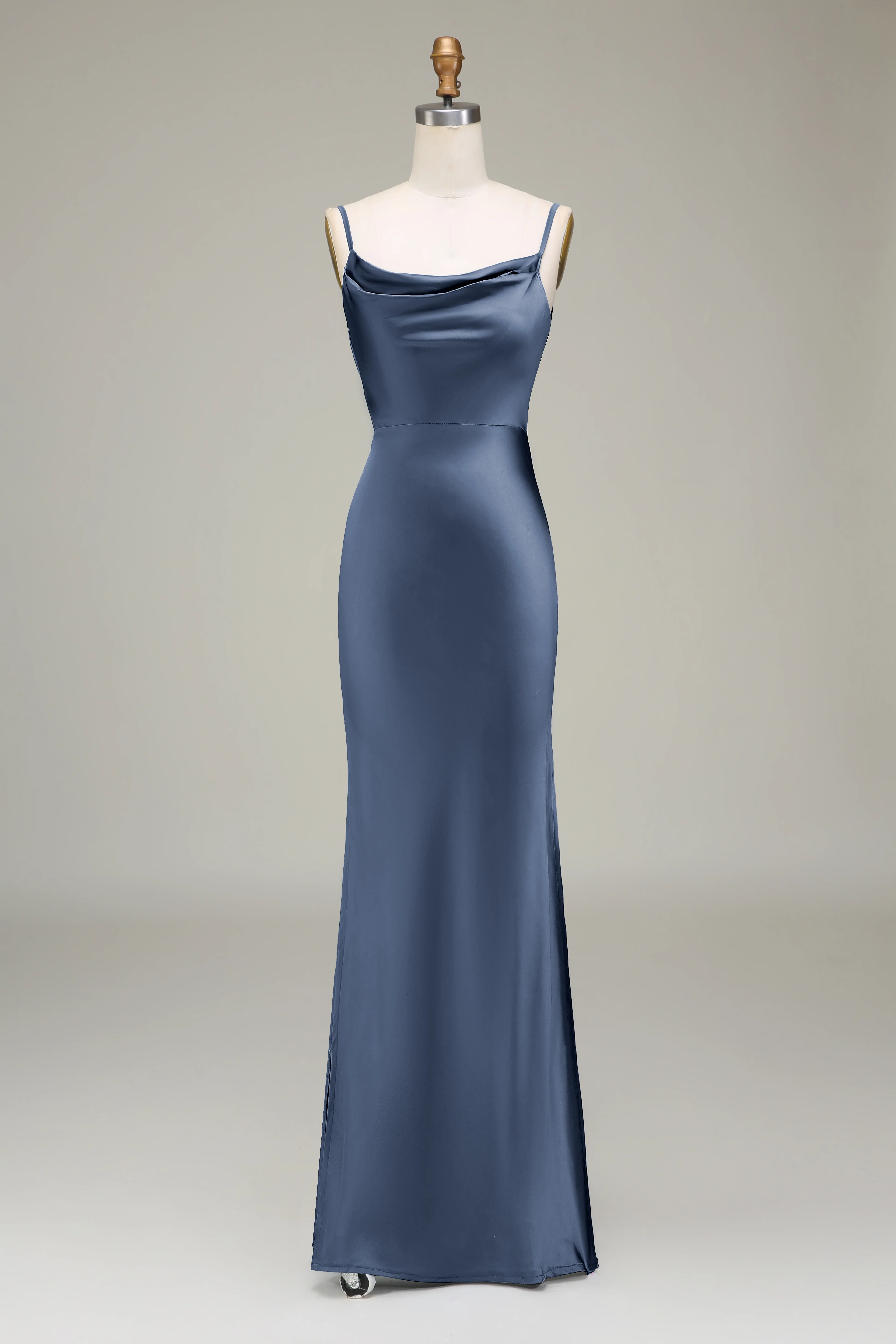 Dusty Blue Sheath Spaghetti Straps Satin Long Bridesmaid Dress - Image 18