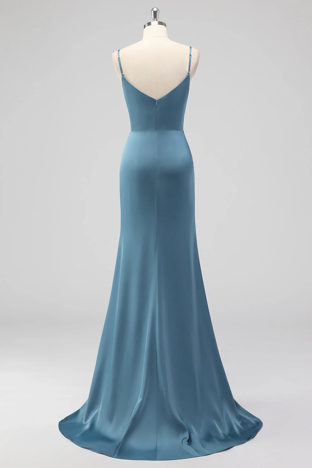 Dusty Blue Spaghetti Straps Mermaid Satin Long Bridesmaid Dress with Slit - Image 2